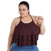 Maroon poly crepe women's casual shoulder strap top - halter neck, sleeveless for everyday wear